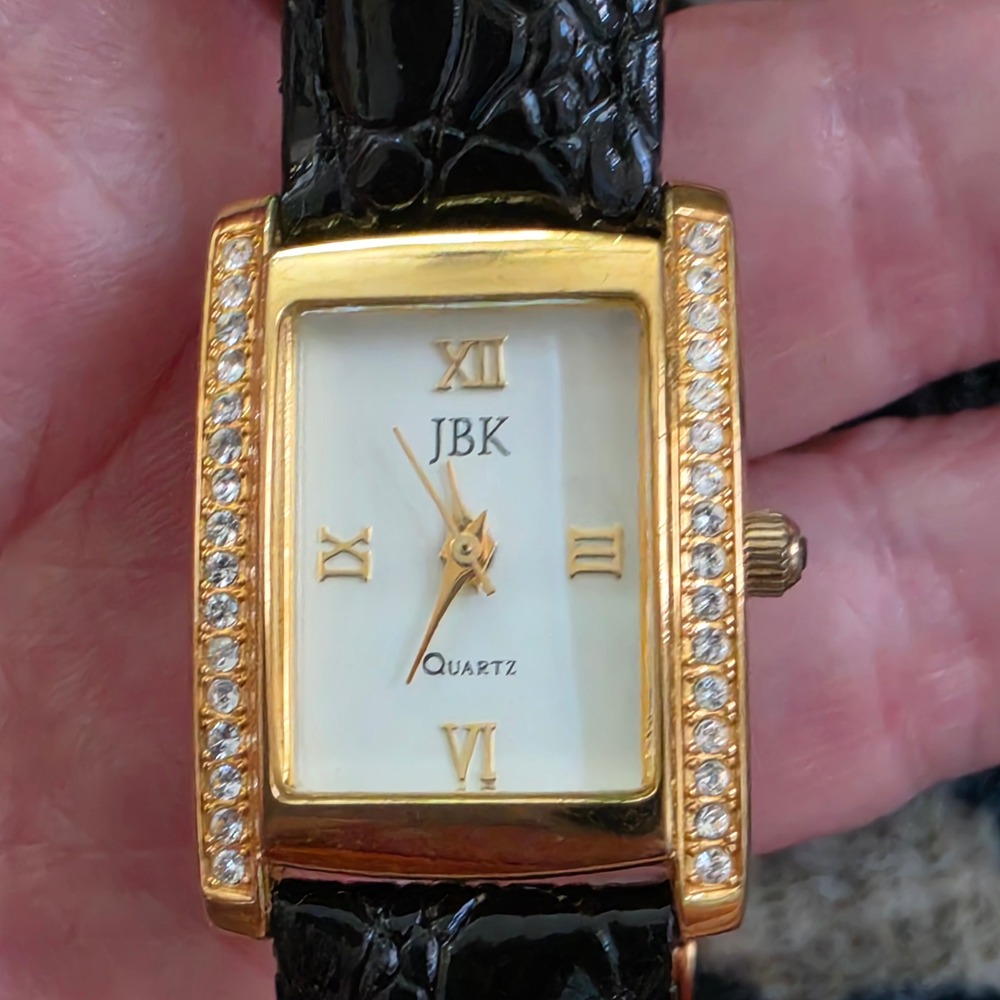 JBK Camrose & Kross Jackie Kennedy Tank Watch Gold Tone Crystal Black Leather
